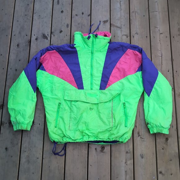 Vintage 80s Ski Jacket Green Retro Zip-Up Stand-Up Collar Kangaroo Pocket - Picture 1 of 5